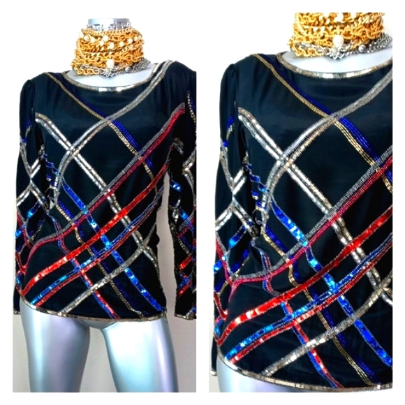 100% Silk "ARGENTI" Sequins & Beads Cocktail Vintage Top - Picture 2 of 14